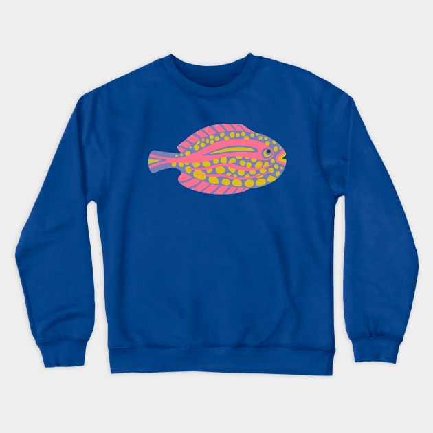 TROPICAL ZONE SINGLE SPOTTED FISH Coral Reef Undersea Ocean Sea Creatures in Bright Pink Purple Yellow on Green - UnBlink Studio by Jackie Tahara Crewneck Sweatshirt by UnBlink Studio by Jackie Tahara